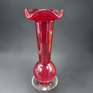 Vintage Ruby Red Crackle Art Glass‎ Bud Vase Ruffled Rim Clear Base 1990s Vase
